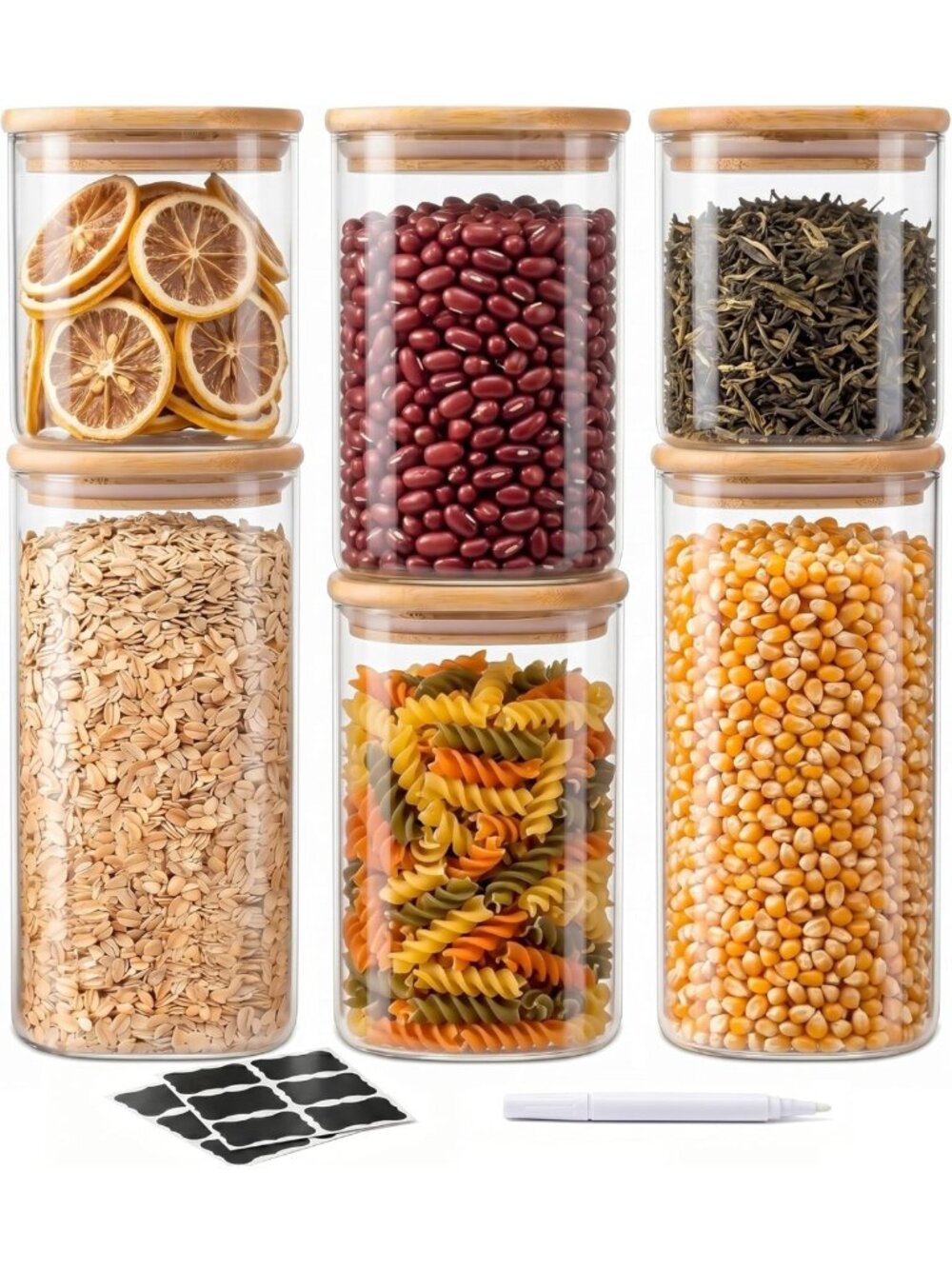Clear Glass Storage Jars with Bamboo Lids - 6 Pack Airtight Canisters for